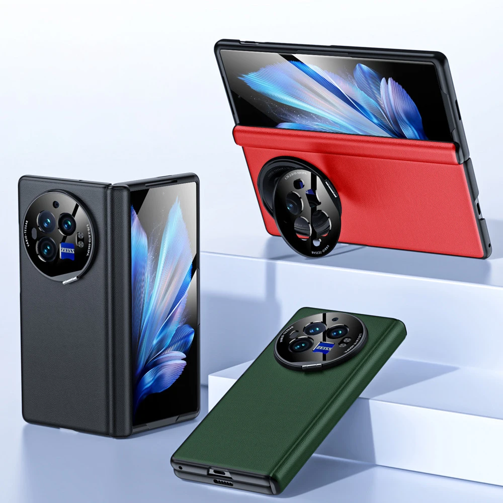 For Vivo X Fold 3 Pro Lichee Real Leather Case With Stand,Real Leather Case Build-in Tempered Glass Screen For Vivo Xfold 3 1