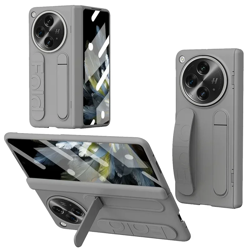 Luxury For Oneplus Open Case Skin-Friendly Frosted Wristband Holder Folding Hinge With Tempered Film Shockproof Hard Back Cover 2