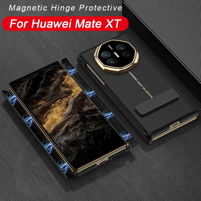 Double Magnetic Hinge All-included Case For Huawei Mate XT Luxury Plating Plain Leather Stand Hard Cover For Huawei Mate XT Case 1