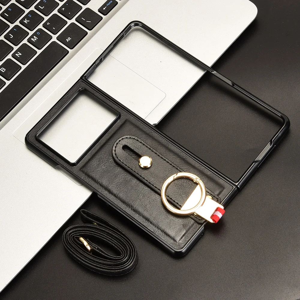 For Tecno Phantom V Fold2 Case Lanyard Luxury Leather Phone Case for Phantom V Fold 2 Wrist Strap Finger Ring Back Cover 2