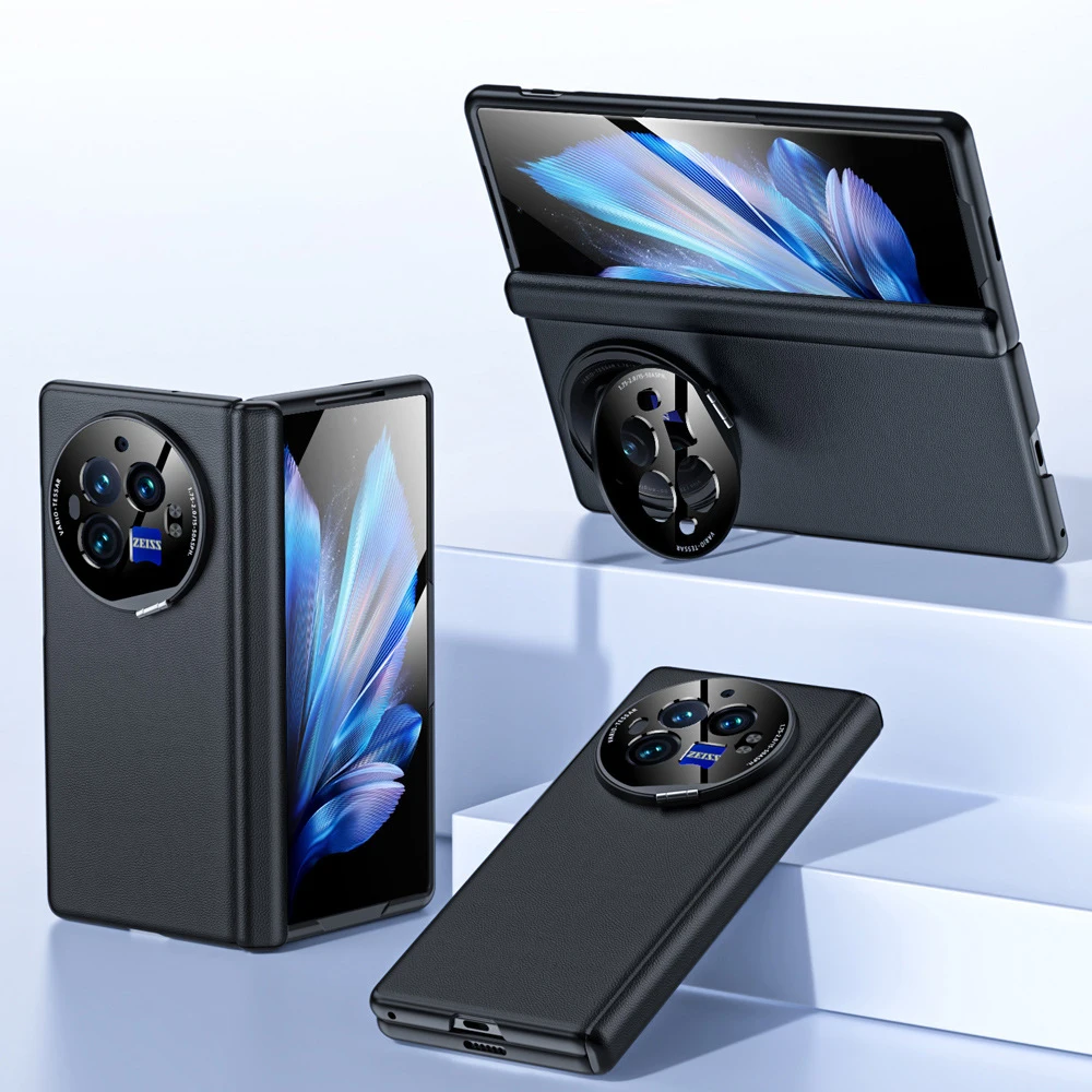 For Vivo X Fold 3 Pro Lichee Real Leather Case With Stand,Real Leather Case Build-in Tempered Glass Screen For Vivo Xfold 3 2