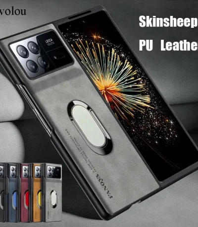For Xiaomi Mix Fold 3 Sheepskin Leather Magnetic Ring Stand Holder Phone Case For Xiaomi Mix Fold4 2 Matte Lens Protection Cover 1